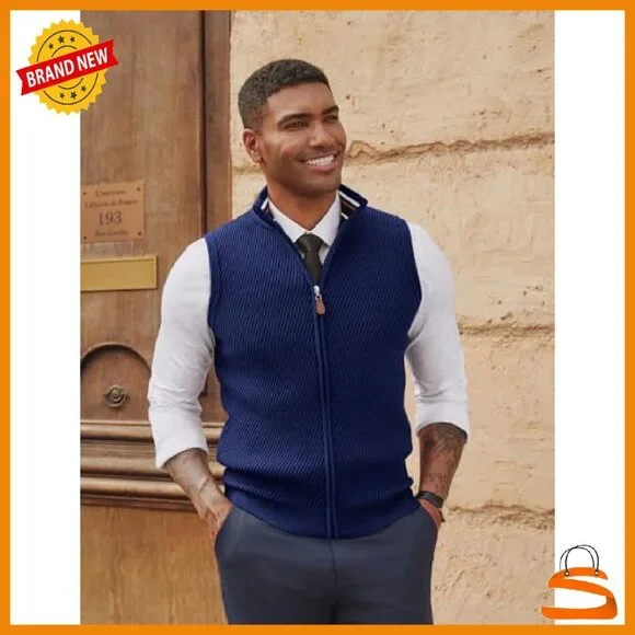 Men's Slim Fit Full Zip Sweater Vest Twill Textured Sleeveless Casual